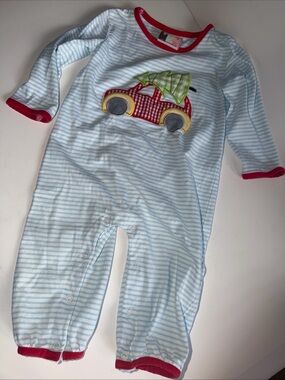 Banana Split Romper Baby Girls 12M Pink Plaid Smocked Car With Christmas Tree